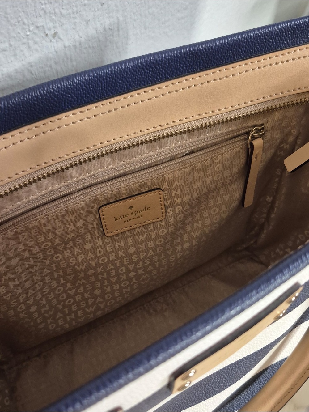 Kate Spade - Navy and White Striped Tote with Tan Trim - Picture 6 of 6